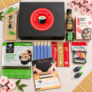 Complete sushi-making kit gift box with ingredients and step-by-step sushi-making guide